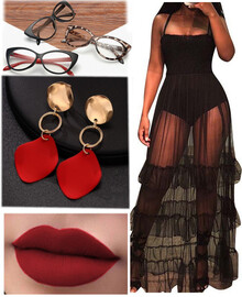 Готовый образ №67: платье, клипсы, очки, помада